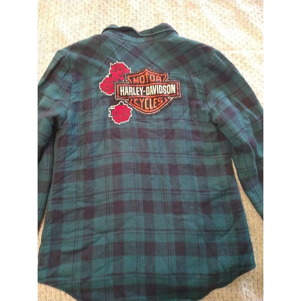 Harley Davidson Plaid Faux Fur Long Sleeve Collared Top Motorcycle Small